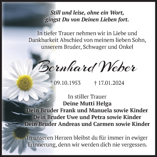 Traueranzeige von Bernhard Weber von Volksstimme Schönebeck