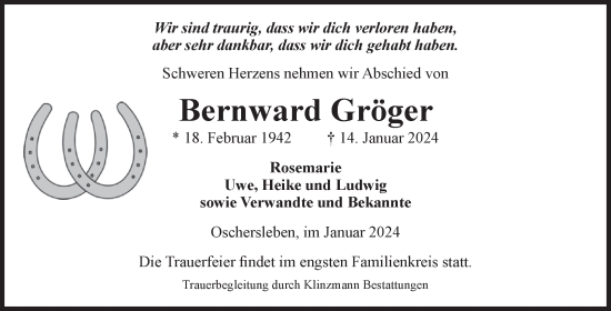 Traueranzeige von Bernward Gröger von Volksstimme Oschersleben/Wanzleben