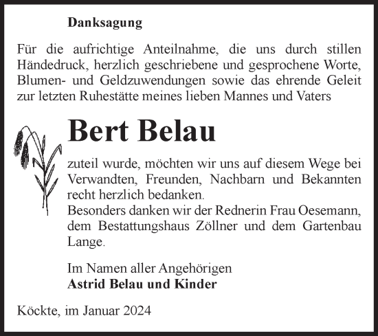 Traueranzeige von Bert Belau von Volksstimme Altmark Ost