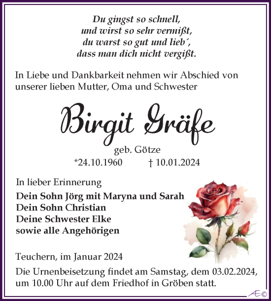 Traueranzeige von Birgit Gräfe von Trauerkombi Weißenfels