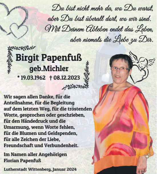 Traueranzeige von Birgit Papenfuß von Trauerkombi Wittenberg