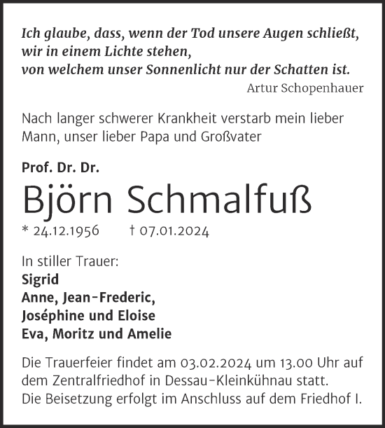 Traueranzeige von Björn Schmalfuß von Mitteldeutsche Zeitung Dessau-Roßlau