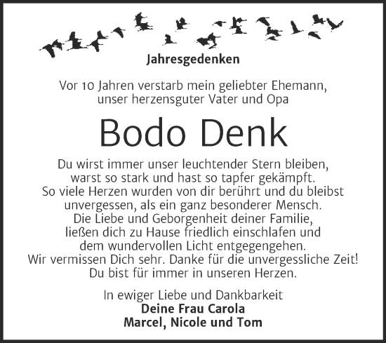 Traueranzeige von Bodo Denk von Trauerkombi Merseburg
