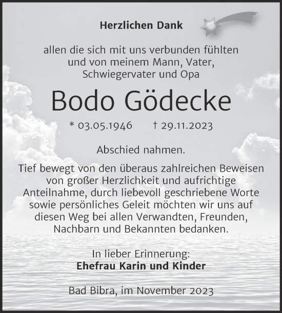Traueranzeige von Bodo Gödecke von Wochenspiegel Naumburg/Nebra