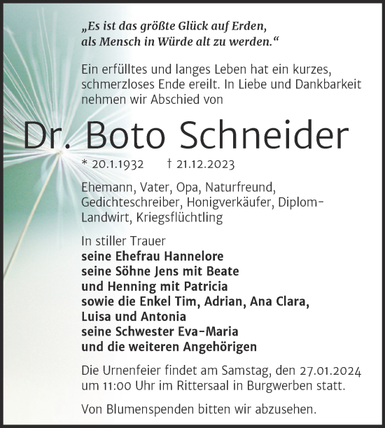 Traueranzeige von Boto Schneider von Trauerkombi Weißenfels
