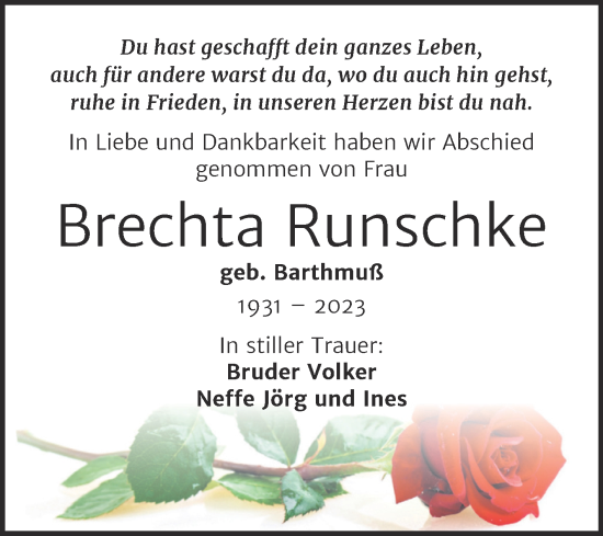 Traueranzeige von Brechta Runschke von Trauerkombi Weißenfels
