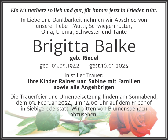 Traueranzeige von Brigitta Balke von Trauerkombi Mansfelder Land