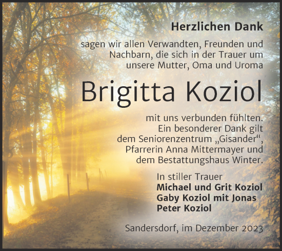 Traueranzeige von Brigitta Koziol von Trauerkombi Bitterfeld