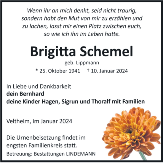 Traueranzeige von Brigitta Schemel von Volksstimme Halberstadt