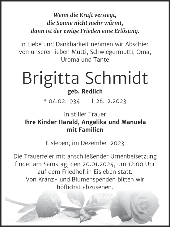 Traueranzeige von Brigitta Schmidt von Trauerkombi Mansfelder Land