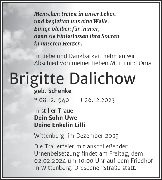 Traueranzeige von Brigitte Dalichow von Trauerkombi Wittenberg