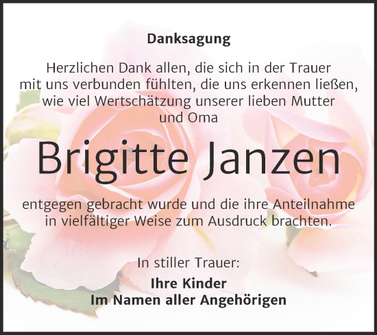 Traueranzeige von Brigitte Janzen von Trauerkombi Mansfelder Land