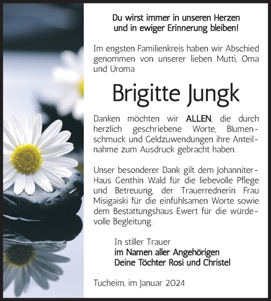 Traueranzeige von Brigitte Jungk von Volksstimme Burg/Genthin