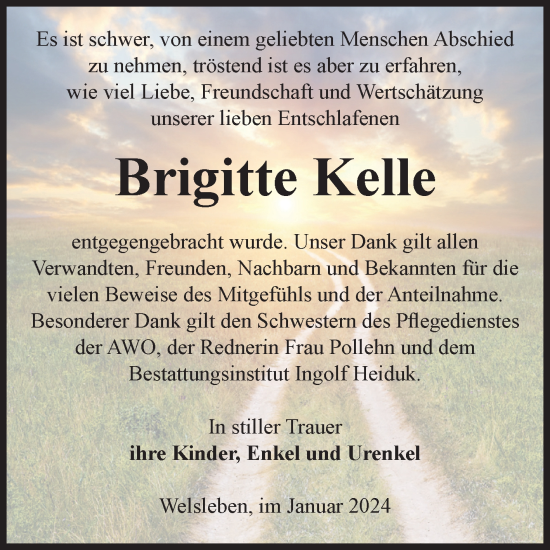 Traueranzeige von Brigitte Kelle von Volksstimme Schönebeck