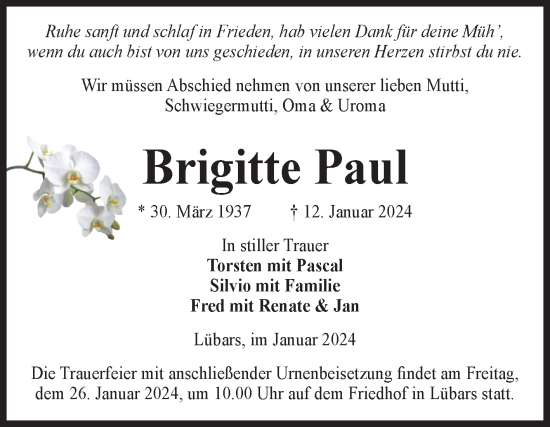 Traueranzeige von Brigitte Paul von Volksstimme Burg/Genthin