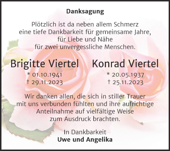 Traueranzeige von Brigitte und Konrad Viertel von Trauerkombi Bitterfeld