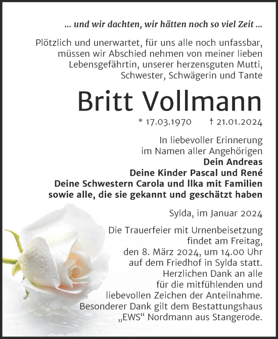 Traueranzeige von Britt Vollmann von Trauerkombi Mansfelder Land