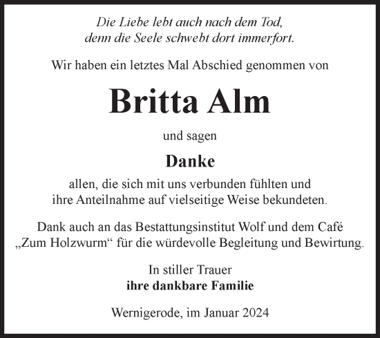 Traueranzeige von Britta Alm von Volksstimme Wernigerode