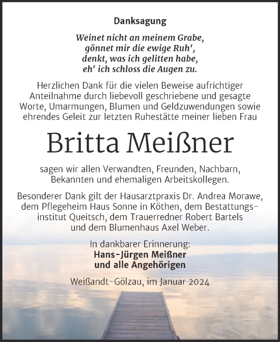 Traueranzeige von Britta Meißner von Trauerkombi Köthen