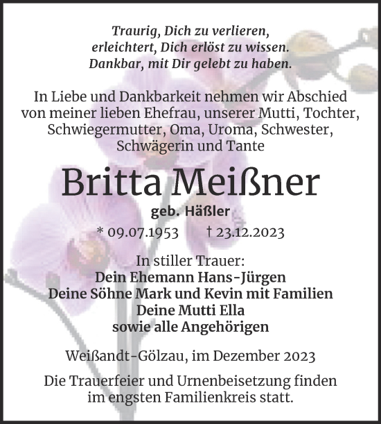 Traueranzeige von Britta Meißner von Trauerkombi Köthen