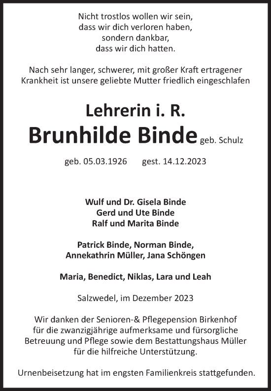 Traueranzeige von Brunhilde Binde von Volksstimme Altmark West