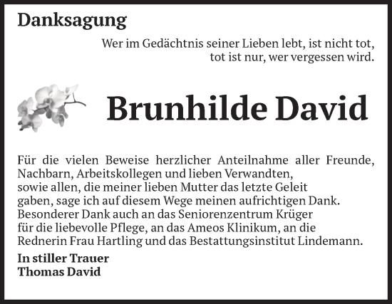 Traueranzeige von Brunhilde David von Volksstimme Halberstadt