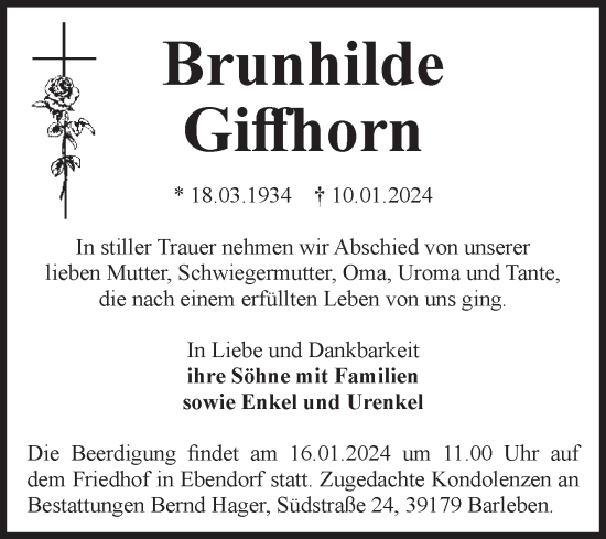 Traueranzeige von Brunhilde Giffhorn von Volksstimme Haldensleben/Wolmirstedt