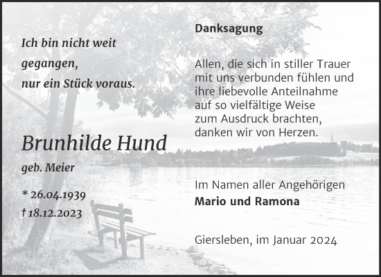 Traueranzeige von Brunhilde Hund von Trauerkombi Aschersleben
