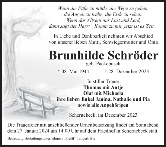 Traueranzeige von Brunhilde Schröder von Volksstimme Altmark Ost
