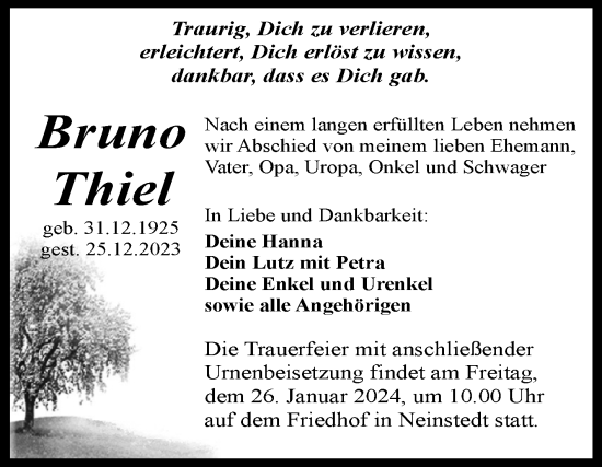 Traueranzeige von Bruno Thiel von Trauerkombi Quedlinburg