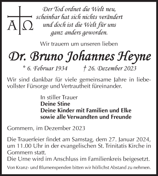 Traueranzeige von Bruno Johannes Heyne von Volksstimme Burg/Genthin