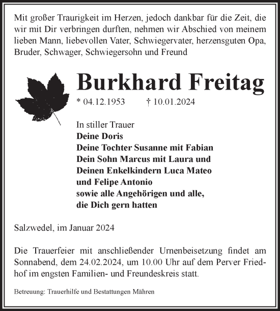 Traueranzeige von Burkhard Freitag von Volksstimme Altmark West