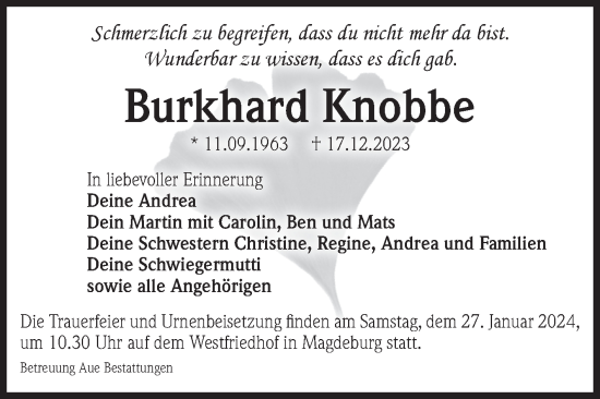 Traueranzeige von Burkhard Knobbe von Volksstimme Magdeburg
