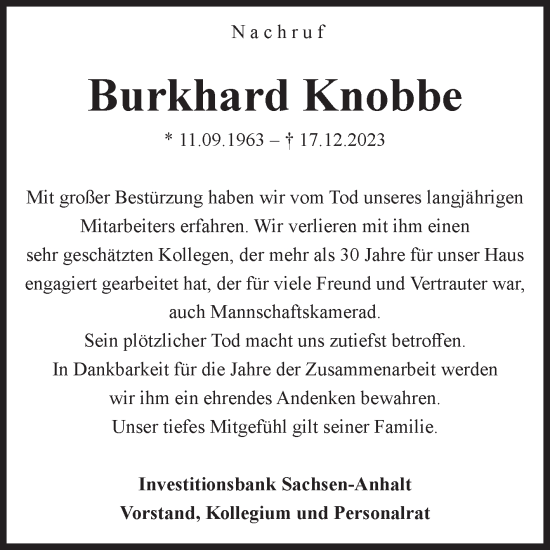 Traueranzeige von Burkhard Knobbe von Volksstimme Magdeburg
