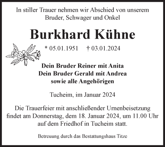 Traueranzeige von Burkhard Kühne von Volksstimme Burg/Genthin