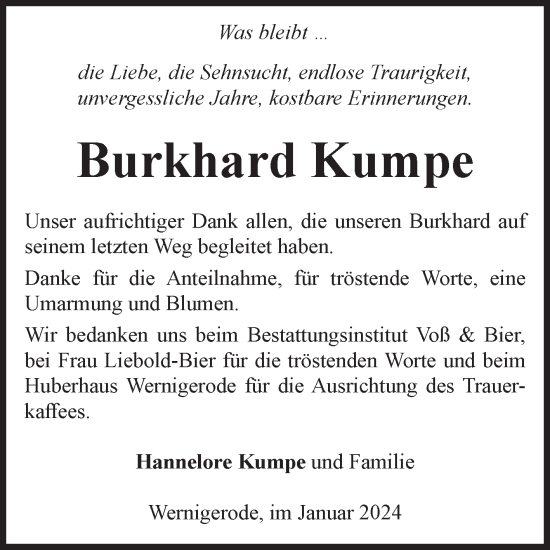 Traueranzeige von Burkhard Kumpe von Volksstimme Wernigerode
