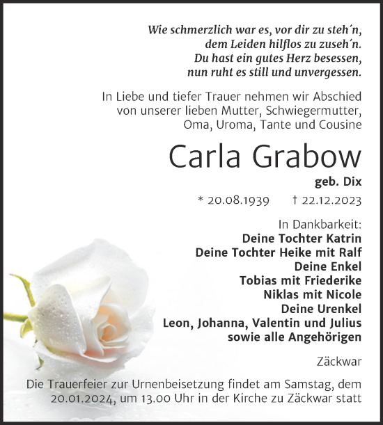 Traueranzeige von Carla Grabow von Wochenspiegel Naumburg/Nebra