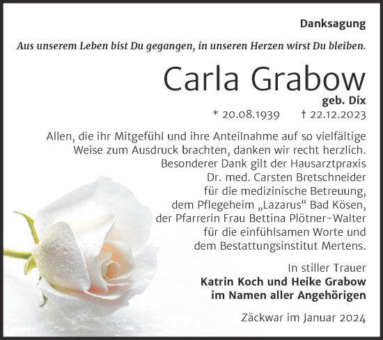 Traueranzeige von Carla Grabow von Wochenspiegel Naumburg/Nebra