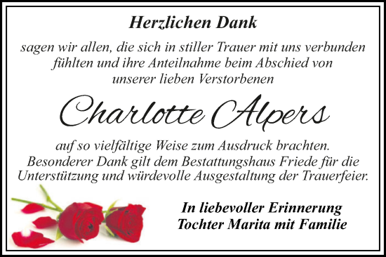 Traueranzeige von Charlotte Alpers von Trauerkombi Dessau