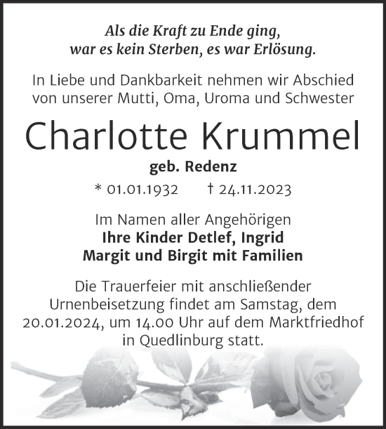Traueranzeige von Charlotte Krummel von Trauerkombi Quedlinburg