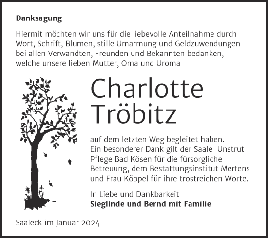 Traueranzeige von Charlotte Tröbitz von Wochenspiegel Naumburg/Nebra