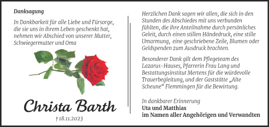 Traueranzeige von Christa Barth von Naumburger Tageblatt