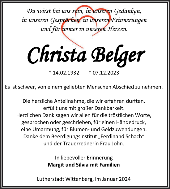 Traueranzeige von Christa Belger von Trauerkombi Wittenberg