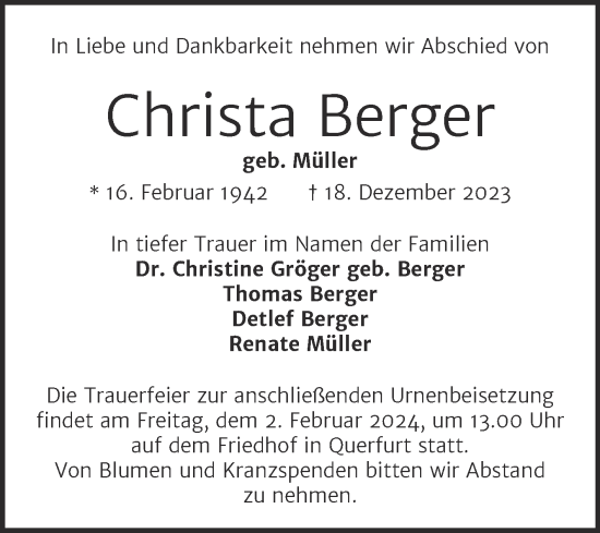 Traueranzeige von Christa Berger von Mitteldeutsche Zeitung Merseburg/Querfurt