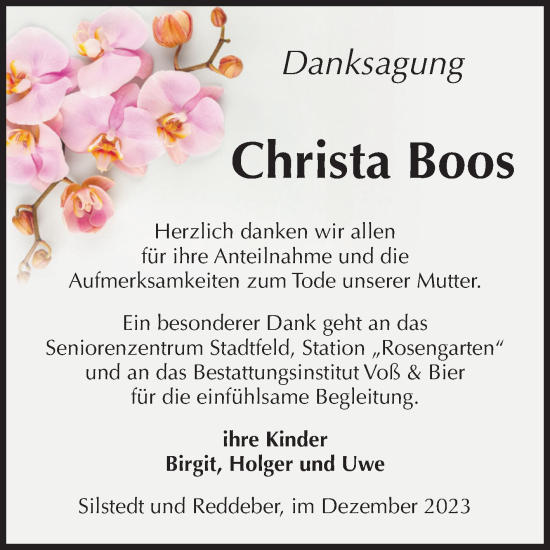 Traueranzeige von Christa Boos von Volksstimme Wernigerode