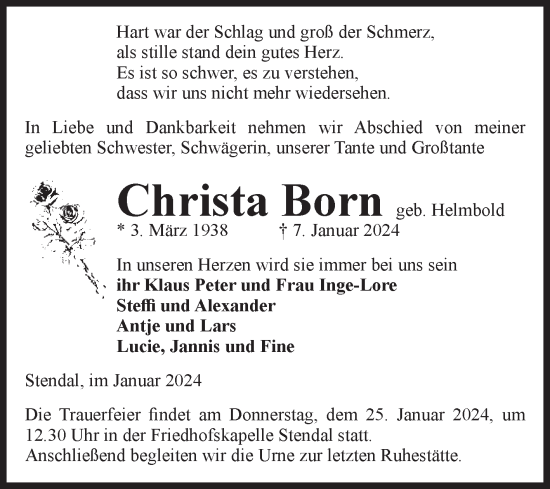 Traueranzeige von Christa Born von Volksstimme Altmark Ost