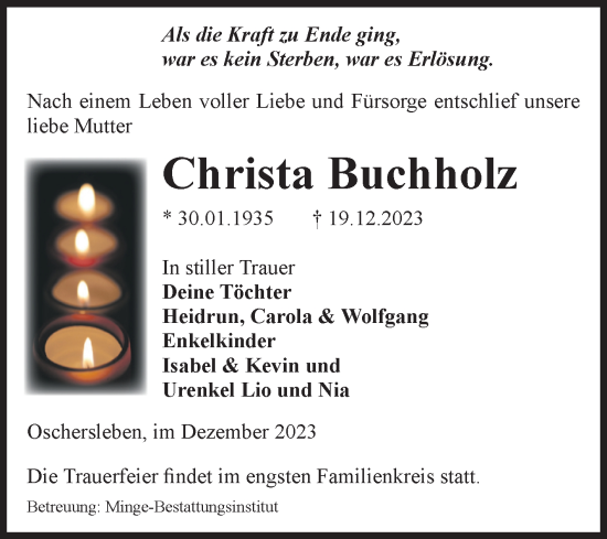 Traueranzeige von Christa Buchholz von Volksstimme Oschersleben/Wanzleben