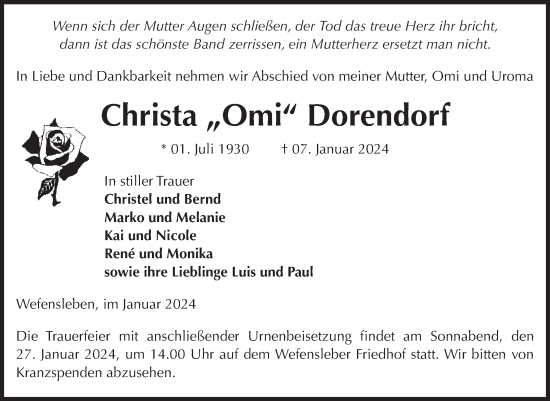 Traueranzeige von Christa Dorendorf von Volksstimme Oschersleben/Wanzleben