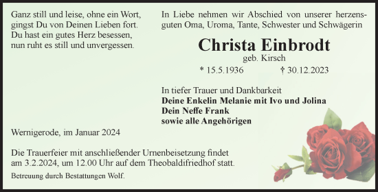 Traueranzeige von Christa Einbrodt von Volksstimme Wernigerode