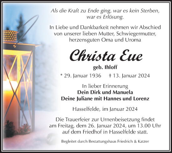 Traueranzeige von Christa Eue von Volksstimme Wernigerode